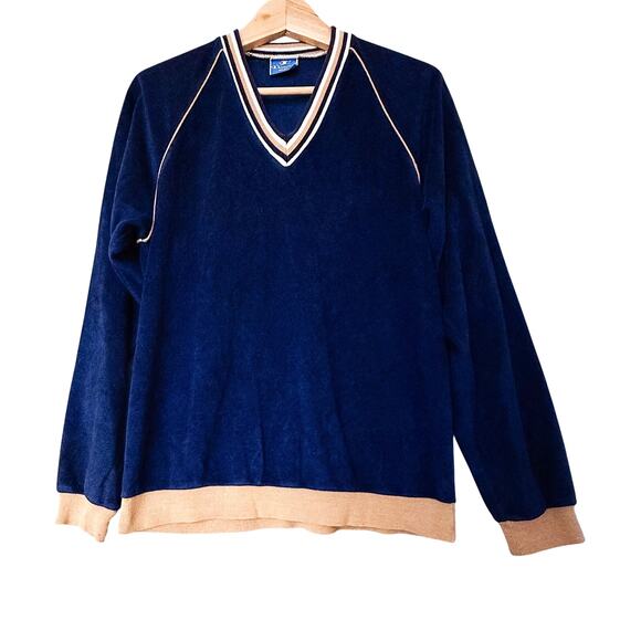 Champion Other - VTG 80s Champion Sweatshirt Mens M L Blue Tan Velour Striped VNeck Retro Indie